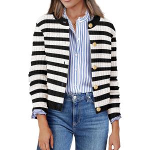 Zeagoo Women’s 2026 Cardigan Sweaters Button Down Crew Neck Open Front Long Sleeve Knit Cropped Jackets(Black White)