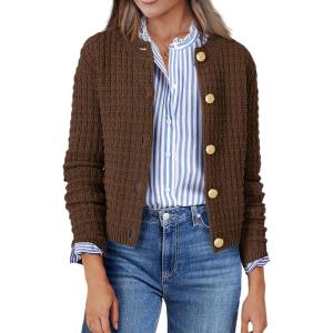 Zeagoo Women’s 2026 Cardigan Sweaters Button Down Crew Neck Open Front Long Sleeve Knit Cropped Jackets(Brown)