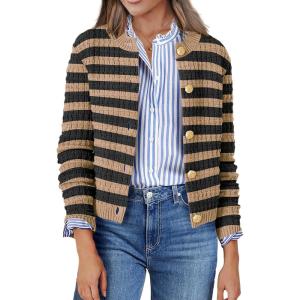 Zeagoo Women’s 2026 Cardigan Sweaters Button Down Crew Neck Open Front Long Sleeve Knit Cropped Jackets(Brown Black)