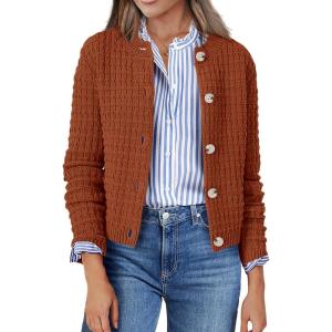 Zeagoo Women’s 2026 Cardigan Sweaters Button Down Crew Neck Open Front Long Sleeve Knit Cropped Jackets(Caramel)