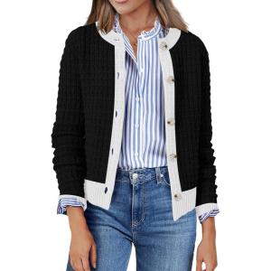 Zeagoo Women’s 2026 Cardigan Sweaters Button Down Crew Neck Open Front Long Sleeve Knit Cropped Jackets(Color Block Black)