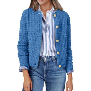 Zeagoo Women’s 2026 Cardigan Sweaters Button Down Crew Neck Open Front Long Sleeve Knit Cropped Jackets(Dark Blue)