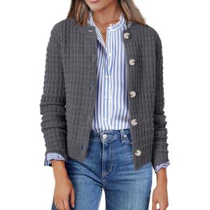 Zeagoo Women’s 2026 Cardigan Sweaters Button Down Crew Neck Open Front Long Sleeve Knit Cropped Jackets(Grey)