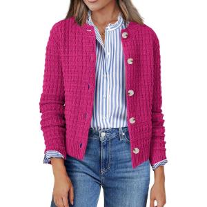 Zeagoo Women’s 2026 Cardigan Sweaters Button Down Crew Neck Open Front Long Sleeve Knit Cropped Jackets(Hot Pink)