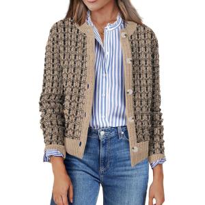 Zeagoo Women’s 2026 Cardigan Sweaters Button Down Crew Neck Open Front Long Sleeve Knit Cropped Jackets(Mix Beige)