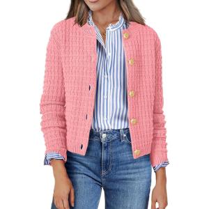 Zeagoo Women’s 2026 Cardigan Sweaters Button Down Crew Neck Open Front Long Sleeve Knit Cropped Jackets(Pink)