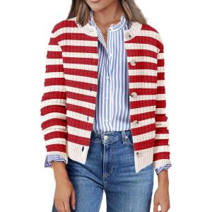 Zeagoo Women’s 2026 Cardigan Sweaters Button Down Crew Neck Open Front Long Sleeve Knit Cropped Jackets(Red White)