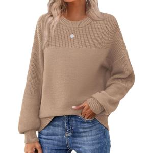 Zeagoo Women’s 2026 Fall Chunky Knit Sweater Oversized Crewneck Long Sleeve Winter Cotton Pullover Sweaters Jumper Tops(Khaki)