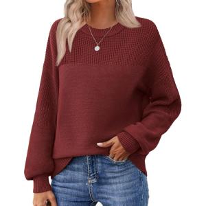 Zeagoo Women’s 2026 Fall Chunky Knit Sweater Oversized Crewneck Long Sleeve Winter Cotton Pullover Sweaters Jumper Tops(Wine Red)