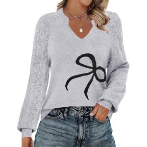 Zeagoo Womens 2026 Fall Sweaters Casual Long Sleeve V Neck Loose Lightweight Crochet Knit Pullover Sweater Tops(Bowknot Grey)