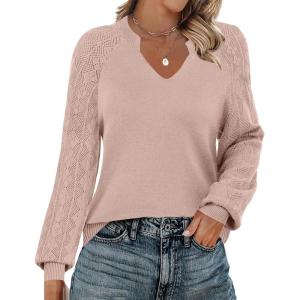 Zeagoo Womens 2026 Fall Sweaters Casual Long Sleeve V Neck Loose Lightweight Crochet Knit Pullover Sweater Tops(Khaki)