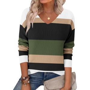 Zeagoo Women’s 2026 Fall Sweaters Long Sleeve V Neck Knit Pullovers Business Casual Sweater Tops(Army Stripe)
