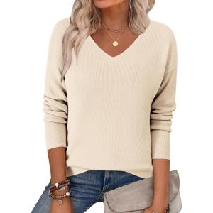 Zeagoo Women’s 2026 Fall Sweaters Long Sleeve V Neck Knit Pullovers Business Casual Sweater Tops(Beige)