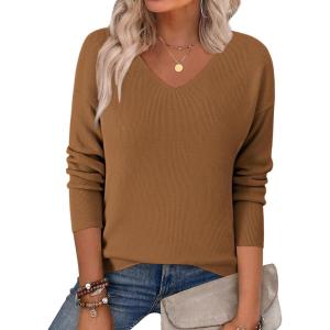Zeagoo Women’s 2026 Fall Sweaters Long Sleeve V Neck Knit Pullovers Business Casual Sweater Tops(Coffee)