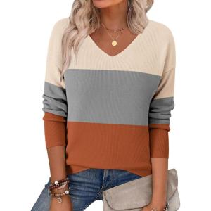 Zeagoo Women’s 2026 Fall Sweaters Long Sleeve V Neck Knit Pullovers Business Casual Sweater Tops(Grey&orange)