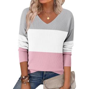 Zeagoo Women’s 2026 Fall Sweaters Long Sleeve V Neck Knit Pullovers Business Casual Sweater Tops(Grey&pink)