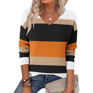 Zeagoo Women’s 2026 Fall Sweaters Long Sleeve V Neck Knit Pullovers Business Casual Sweater Tops(Orange Stripe)