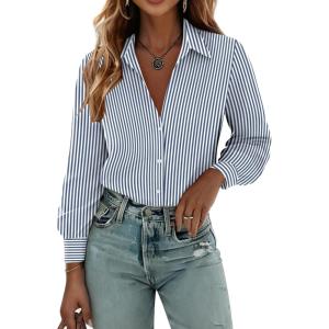 Zeagoo Womens Button Down Shirts Lantern Long Sleeve Blouse Business Casual Work Tops Floral Printed Outfits(1-blue Stripe)