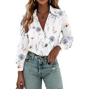 Zeagoo Womens Button Down Shirts Lantern Long Sleeve Blouse Business Casual Work Tops Floral Printed Outfits(2-white Floral)