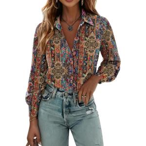 Zeagoo Womens Button Down Shirts Lantern Long Sleeve Blouse Business Casual Work Tops Floral Printed Outfits(3-multi Brown)