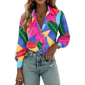 Zeagoo Womens Button Down Shirts Lantern Long Sleeve Blouse Business Casual Work Tops Floral Printed Outfits(A B1 Multicolor)
