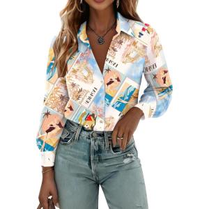 Zeagoo Womens Button Down Shirts Lantern Long Sleeve Blouse Business Casual Work Tops Floral Printed Outfits(A B2 Multicolor)