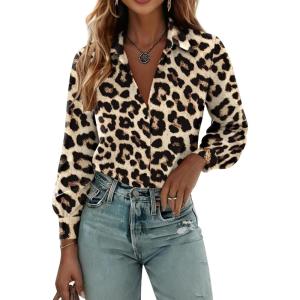Zeagoo Womens Button Down Shirts Lantern Long Sleeve Blouse Business Casual Work Tops Floral Printed Outfits(B Leopard)