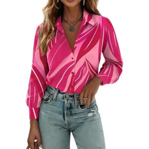 Zeagoo Womens Button Down Shirts Lantern Long Sleeve Blouse Business Casual Work Tops Floral Printed Outfits(B Pink Rowena)