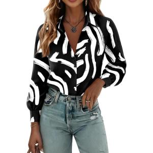 Zeagoo Womens Button Down Shirts Lantern Long Sleeve Blouse Business Casual Work Tops Floral Printed Outfits(B York Black)