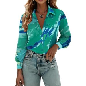 Zeagoo Womens Button Down Shirts Lantern Long Sleeve Blouse Business Casual Work Tops Floral Printed Outfits(B2 Blue Paradise)