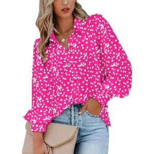 Zeagoo Womens Button Down Shirts Lantern Long Sleeve Blouse Business Casual Work Tops Floral Printed Outfits(B2 Pink Dot)