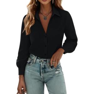 Zeagoo Womens Button Down Shirts Lantern Long Sleeve Blouse Business Casual Work Tops Floral Printed Outfits(C Black)