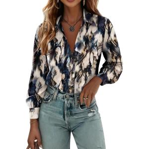 Zeagoo Womens Button Down Shirts Lantern Long Sleeve Blouse Business Casual Work Tops Floral Printed Outfits(Ink Painting)