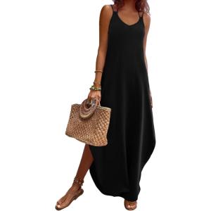 Zeagoo Women’s Casual Sundress Summer Maxi Sleeveless V Neck Split Boho Beach Dress Travel Vacation Dress with Pockets(01-black)