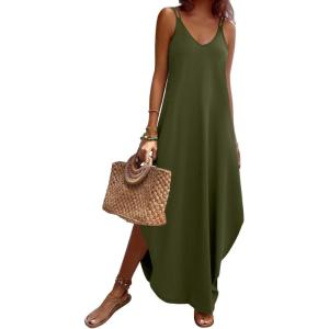 Zeagoo Women’s Casual Sundress Summer Maxi Sleeveless V Neck Split Boho Beach Dress Travel Vacation Dress with Pockets(Arg)
