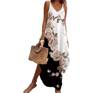 Zeagoo Women’s Casual Sundress Summer Maxi Sleeveless V Neck Split Boho Beach Dress Travel Vacation Dress with Pockets(Bf348)