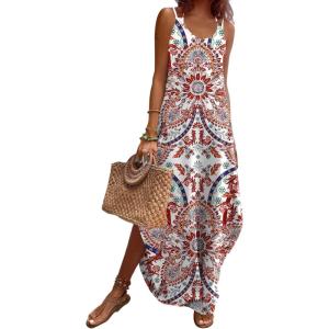 Zeagoo Women’s Casual Sundress Summer Maxi Sleeveless V Neck Split Boho Beach Dress Travel Vacation Dress with Pockets(Colorful Flora1)