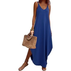 Zeagoo Women’s Casual Sundress Summer Maxi Sleeveless V Neck Split Boho Beach Dress Travel Vacation Dress with Pockets(Navy Blue)