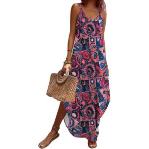 Zeagoo Women’s Casual Sundress Summer Maxi Sleeveless V Neck Split Boho Beach Dress Travel Vacation Dress with Pockets(Zx255)