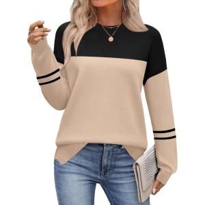 Zeagoo Womens Crewneck Pullover Sweater Long Sleeve Knit Side Slit 2025 Fall Winter Sweater Tops(Apricot Black Stripe)