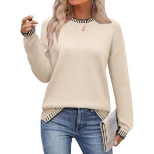 Zeagoo Womens Crewneck Pullover Sweater Long Sleeve Knit Side Slit 2025 Fall Winter Sweater Tops(Beige)