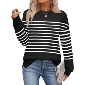 Zeagoo Womens Crewneck Pullover Sweater Long Sleeve Knit Side Slit 2025 Fall Winter Sweater Tops(Black Stripe)