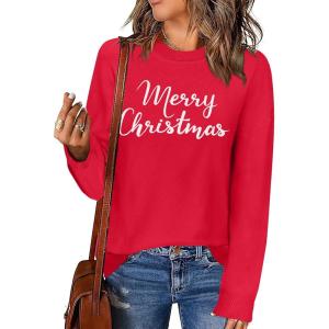 Zeagoo Womens Crewneck Pullover Sweater Long Sleeve Knit Side Slit 2025 Fall Winter Sweater Tops(Christmas Letter)