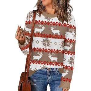 Zeagoo Womens Crewneck Pullover Sweater Long Sleeve Knit Side Slit 2025 Fall Winter Sweater Tops(Elk Pattern)