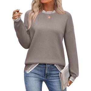 Zeagoo Womens Crewneck Pullover Sweater Long Sleeve Knit Side Slit 2025 Fall Winter Sweater Tops(Khaki)