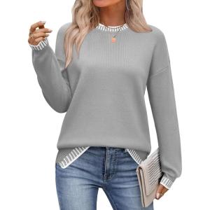 Zeagoo Womens Crewneck Pullover Sweater Long Sleeve Knit Side Slit 2025 Fall Winter Sweater Tops(Light Gray)