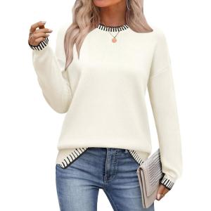 Zeagoo Womens Crewneck Pullover Sweater Long Sleeve Knit Side Slit 2025 Fall Winter Sweater Tops(White)