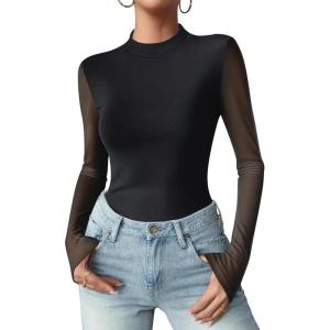Zeagoo Womens Floral Mesh Long Sleeve Tops See Through Going Out Blouses Mock Neck Sheer Party Outfits Shirts S-XXL(Black)