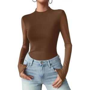 Zeagoo Womens Floral Mesh Long Sleeve Tops See Through Going Out Blouses Mock Neck Sheer Party Outfits Shirts S-XXL(Brown)