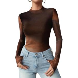 Zeagoo Womens Floral Mesh Long Sleeve Tops See Through Going Out Blouses Mock Neck Sheer Party Outfits Shirts S-XXL(Cx292)